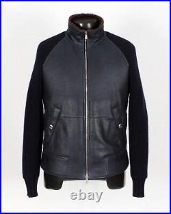 $7995 BRUNELLO CUCINELLI Shearling Leather / Cashmere Jacket Bomber Blue XL