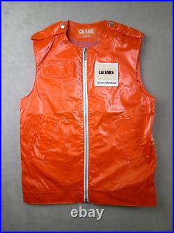 Calvaire Mens Vest M Orange Sleeveless Zipper Vinyl Designer Patch