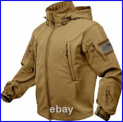 Coyote Brown Special Ops Soft Shell Waterproof Military Jacket w US Flag Patches