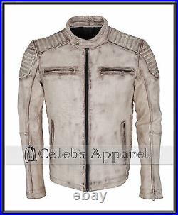 Designer Casual White Antique Waxed Vintage Biker Mens Leather Jacket
