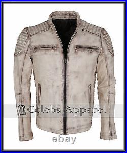 Designer Casual White Antique Waxed Vintage Biker Mens Leather Jacket