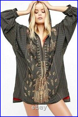 Free People Boho Embroidered Stripe Pullover Jacket Hoodie Tunic Zip Up OB569496