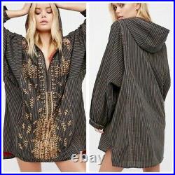 Free People Boho Embroidered Stripe Pullover Jacket Hoodie Tunic Zip Up OB569496