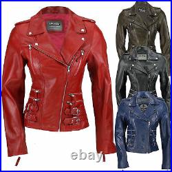 Ladies Womens Tan Blue Real Leather Fitted Vintage Biker Style Zip Buckle Jacket