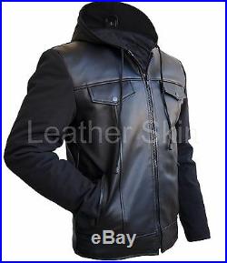 Leather Skin Men Black Hooded Hood Leather Jacket with Soft shell Sleeves