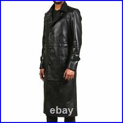 Leather Trench Coat Men Overcoat Mens Long Black Leather Jacket Winter Coat #4