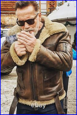 Men Arnold Schwarzenegger Winter Aviator RAF B6 Shearling Real Sheepskin Leather