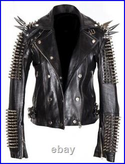 Men Silver Studded Jacket Black Punk Silver Long Spiked Leather Solid Heavy Stud