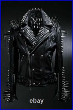 Men Spiked Studded Leather Jacket Studs and Spikes Rocker Punk Style Jacket