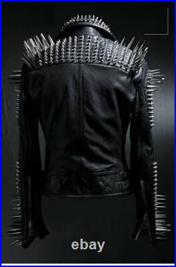 Men Spiked Studded Leather Jacket Studs and Spikes Rocker Punk Style Jacket