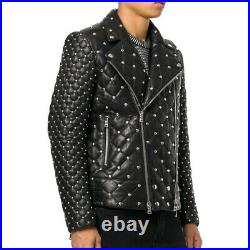Men's Balmain Brando Style Full Silver Studded Quilted Zippered Leather Jacket