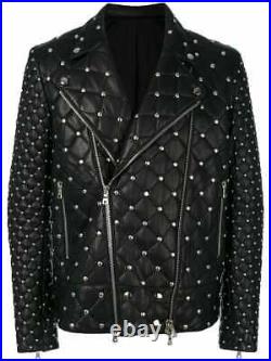 Men's Balmain Brando Style Full Silver Studded Quilted Zippered Leather Jacket