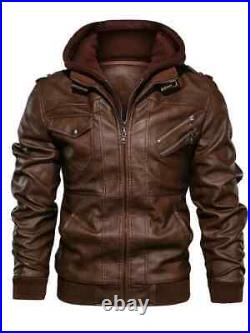 Men's Casual Hooded PU Leather Jacket, Chic Multi Pocket Biker Soft-shell Jacket