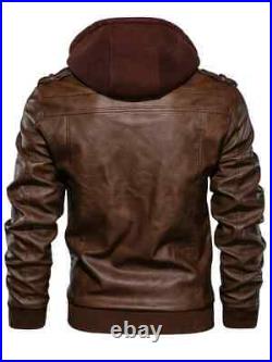 Men's Casual Hooded PU Leather Jacket, Chic Multi Pocket Biker Soft-shell Jacket