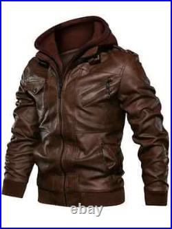 Men's Casual Hooded PU Leather Jacket, Chic Multi Pocket Biker Soft-shell Jacket