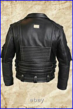 Men's Genuine Cowhide Premium Leather Motorcycle Biker Top Leather Jacket Black