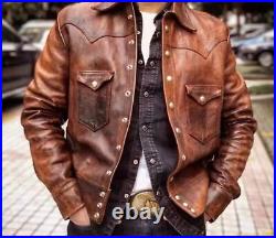 Men's Genuine Lambskin Leather DISTRESSED BROWN VINTAGE Biker Jacket Shirt