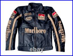 Men's Marlboro Leather Jacket Vintage Racing Motorcycle Biker Leather Jacket