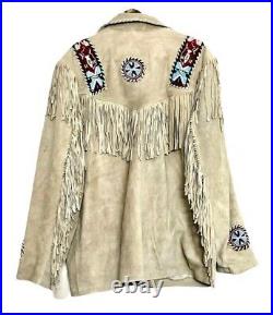 Men's Native American Western Jacket Suede Leather Fringes & Beads Work Coat