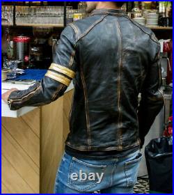 Men's Vintage Biker Black Motorcycle Distressed Cafe Racer Leather Jacket