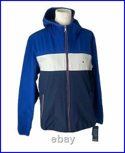 Men's size large Tommy Hilfiger hooded Blue And White soft shell jacket NWT