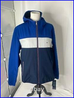 Men's size large Tommy Hilfiger hooded Blue And White soft shell jacket NWT