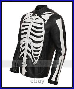 Mens Fashion Biker Skeleton Bones Leather Jacket Halloween Costume