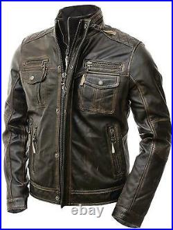 Mens Motorcycle Biker Vintage Distressed Brown Cafe Racer Real Leather Jacket