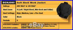 New DeWalt Black Soft Shell Heated Black Jacket Small DCHJ060B-S 20V/12V MAX