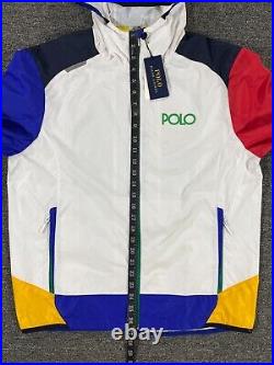 Polo Ralph Lauren Jacket Mens Medium White Colorblock Big Pony Windbreaker Hood