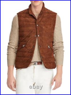 Ralph Lauren Polo Brown Suede Leather 750 Down Quilted Vest Jacket New $898