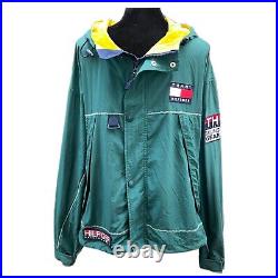 Tommy Hilfiger Sailing Gear Jacket Mens L Green Hooded Windbreaker Vintage 90s