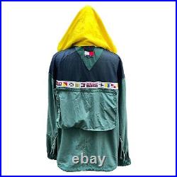 Tommy Hilfiger Sailing Gear Jacket Mens L Green Hooded Windbreaker Vintage 90s