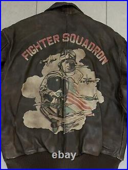 Vintage American Male Pin Up FIGHTER SQUADRON Aviator Leather Bomber Jacket S