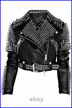 Woman Black Biker Leather Jacket Silver Spiked Studded Brando Style JacKet