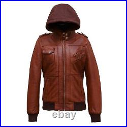 Women Stand Collar Soft Brown Leather Biker Style Bomber Jacket Removable Hood