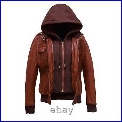 Women Stand Collar Soft Brown Leather Biker Style Bomber Jacket Removable Hood