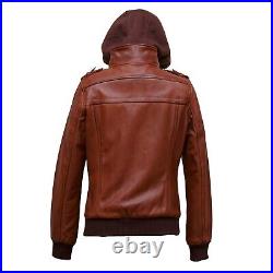 Women Stand Collar Soft Brown Leather Biker Style Bomber Jacket Removable Hood