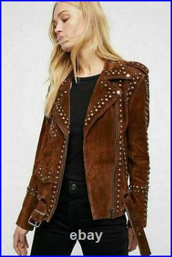 Women's Western Style Genuine Suede Leather Jacket Fashion Studded Vintage Coat
